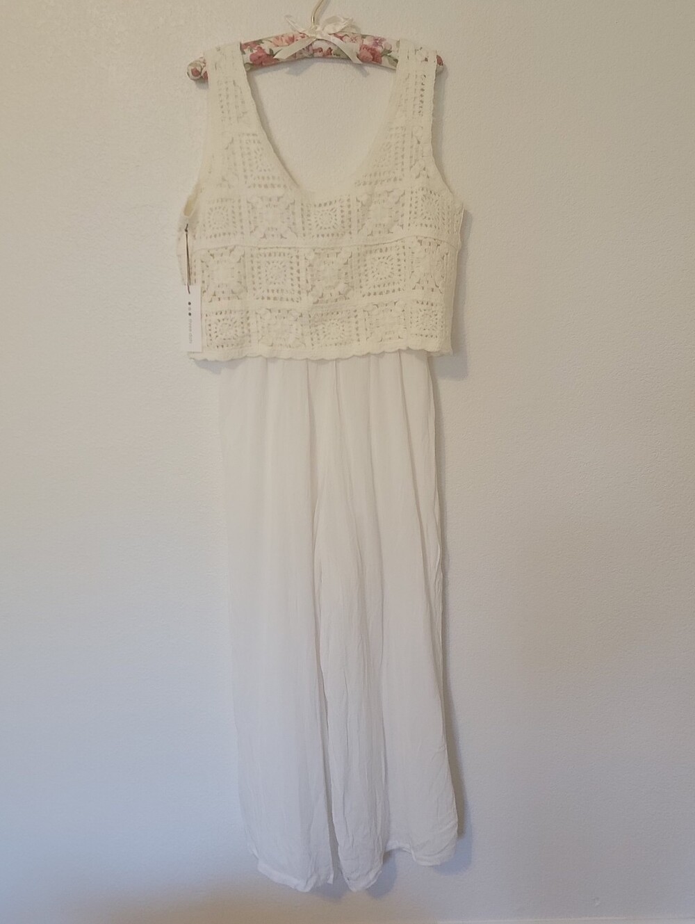Bohemian Crochet Top White Maxi Jumpsuit 3 DOTS, SZ S